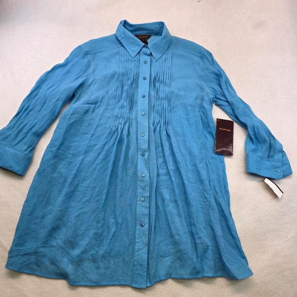 Multiples Pintuck Button Up Tunic Shirt XS Turquoise Oversized Modest Holidays
